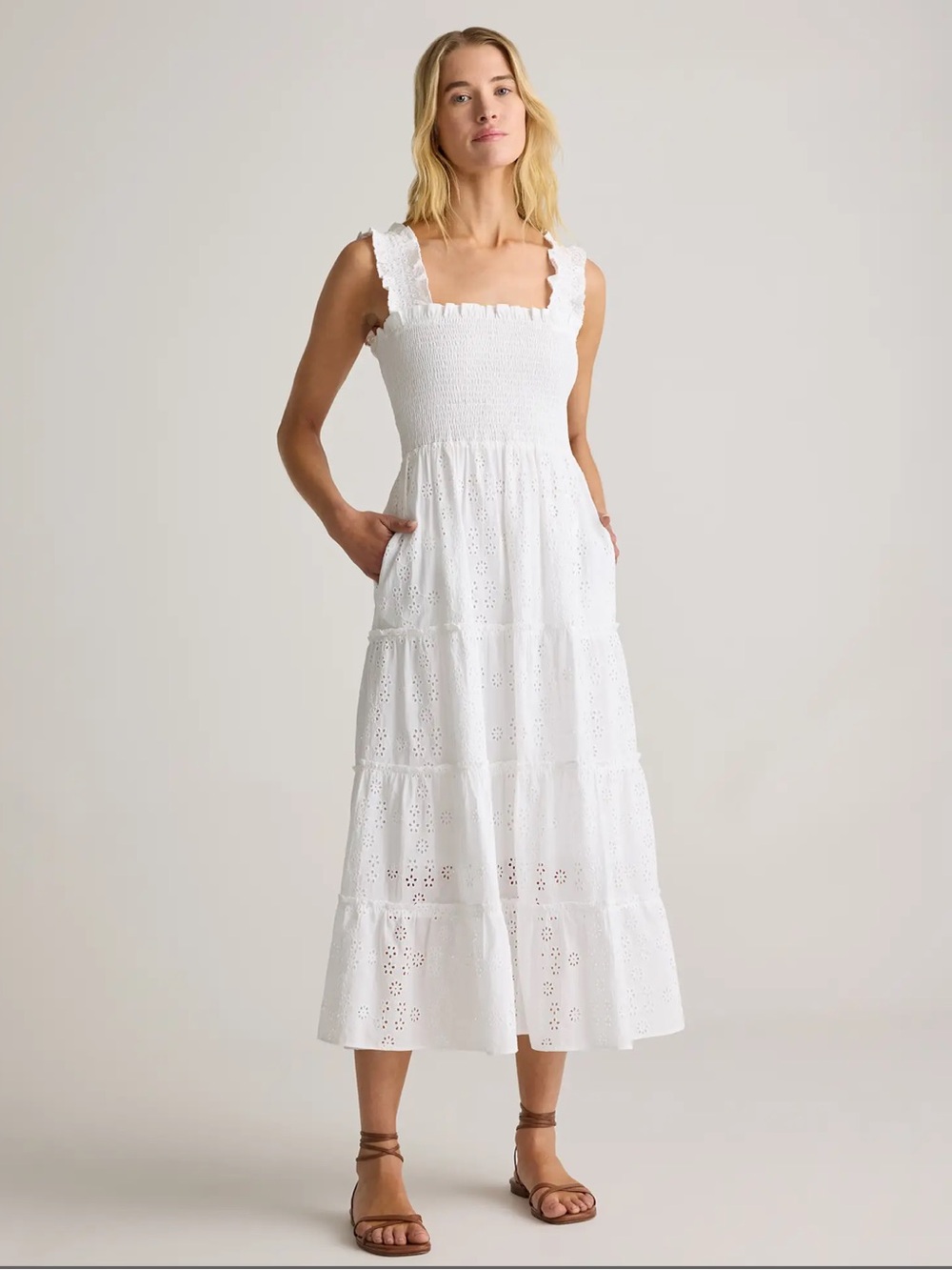 Quince 100% Organic Cotton Eyelet Smocked Midi Dress